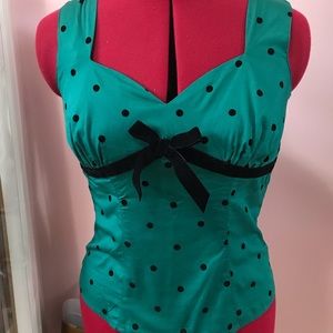 Hell Bunny green with velvet polka dots and bow top XS